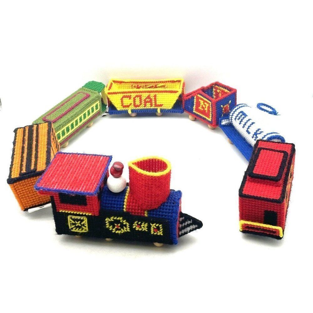 Vintage Plastic Canvas Needlepoint Train Finished 7 Pieces Christmas Train
